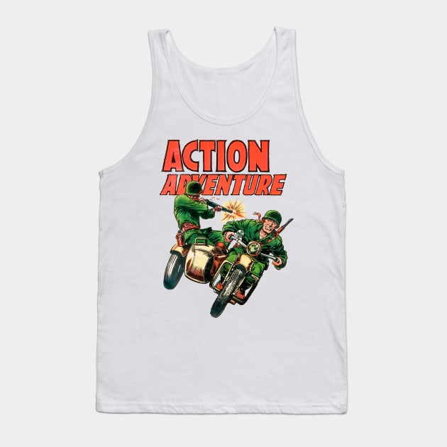 Retro Sidecar Motorcycle Soldiers Military Army Action 1955 Adventure Vintage Comic Book Cover Tank Top by REVISTANGO